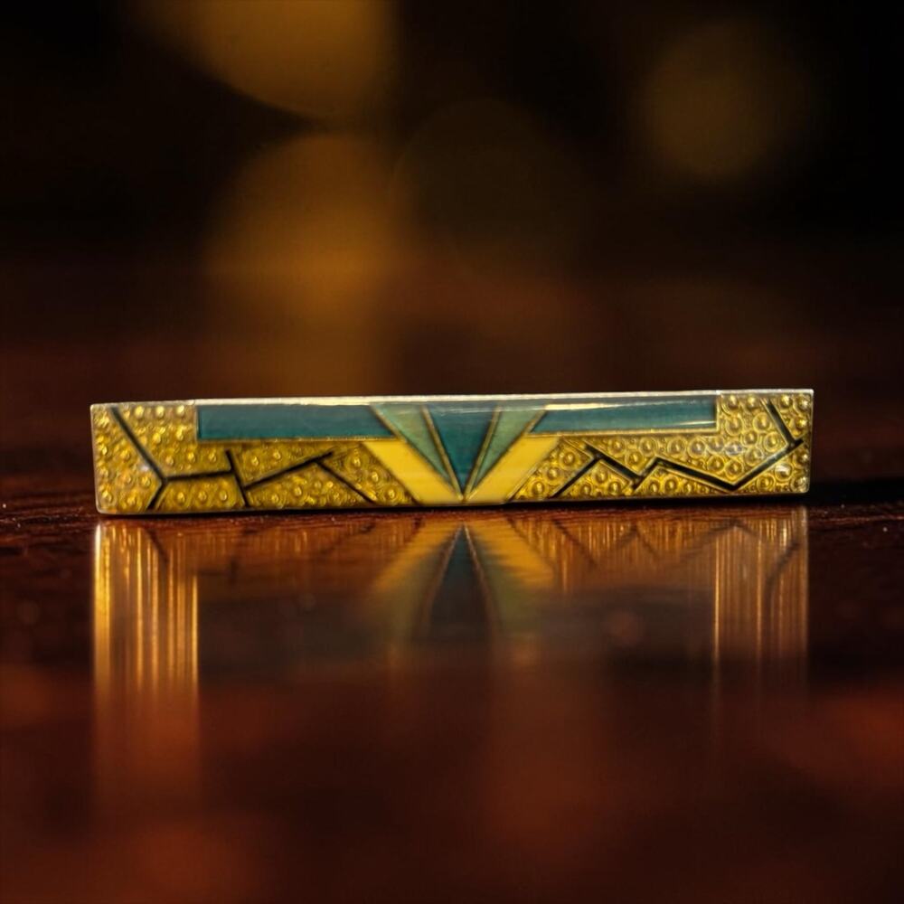 Art Deco Enamel Bar Brooch Teal Yellow Geometric Machine Age Pin